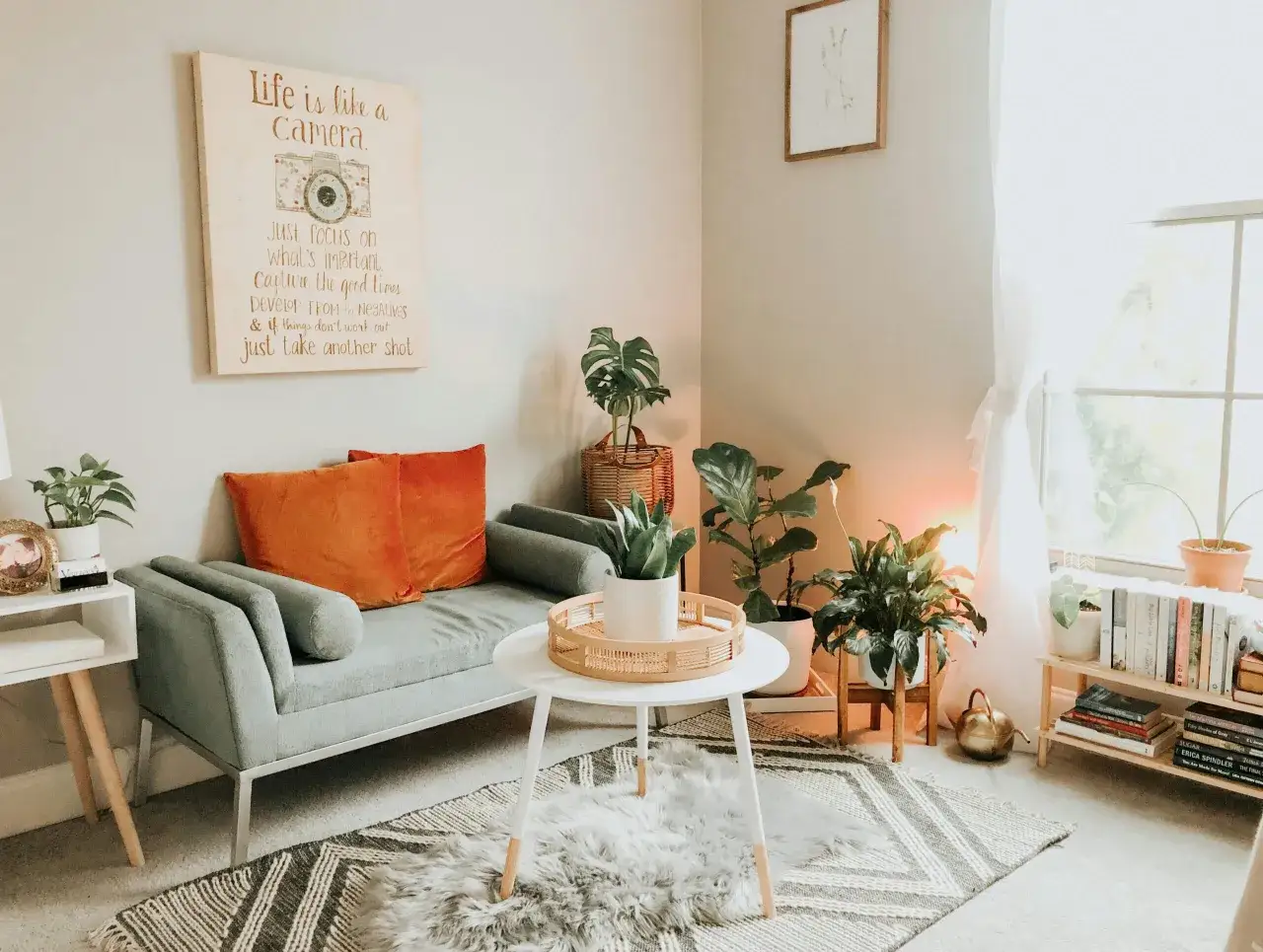 Gem&uuml;tliches Wohnzimmer mit Sofa, Pflanzen und B&uuml;cherregal. Tolle Einrichtung Beispiele f&uuml;r ein entspanntes Ambiente.