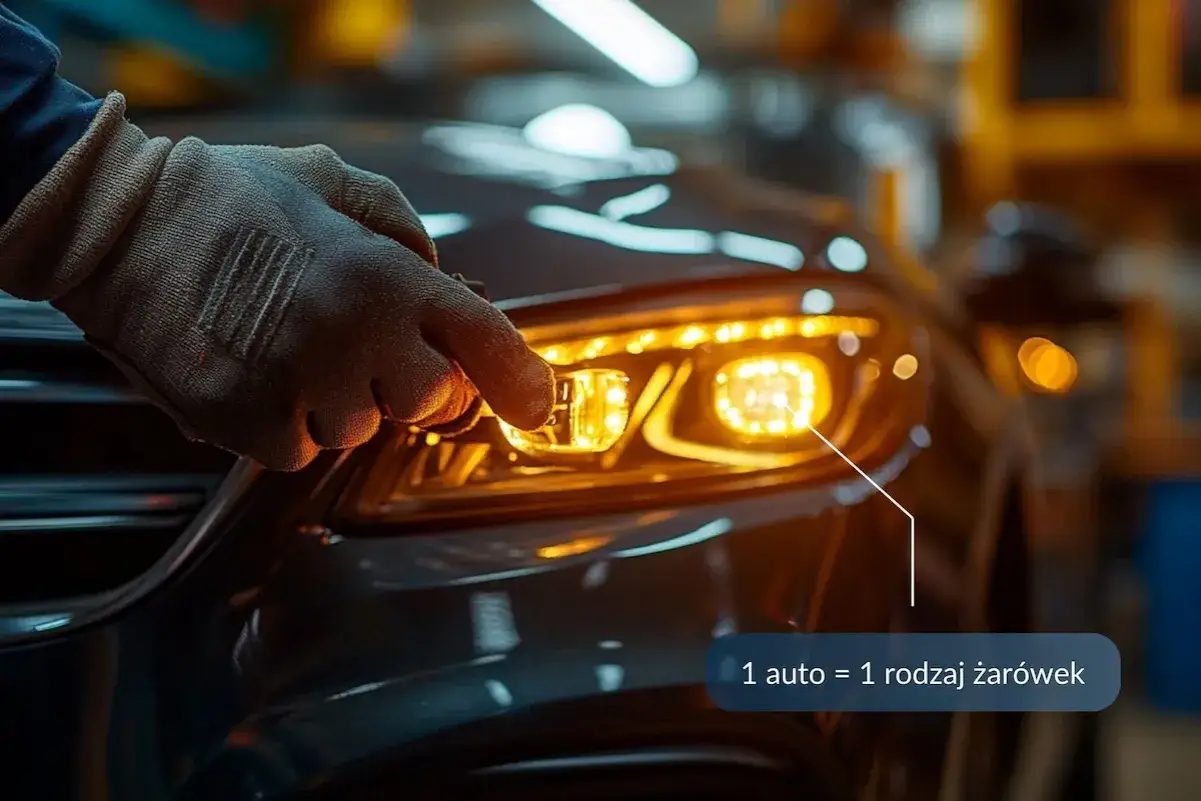 Ręka w rękawicy wskazuje na reflektor, pokazując różnicę między żarówkami halogenowymi a retrofitami LED.