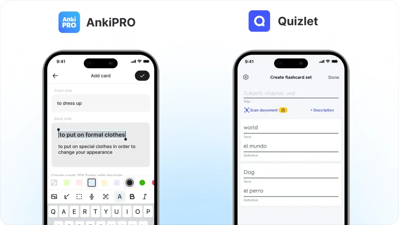 aplikacje do nauki, spaced repetition, Anki, Quizlet interfejs
