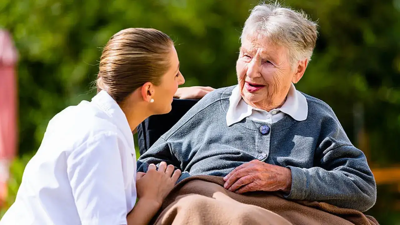 Pflegekraft spricht einfühlsam mit älterer Dame im Rollstuhl. Validation Demenz durch liebevolle Zuwendung.