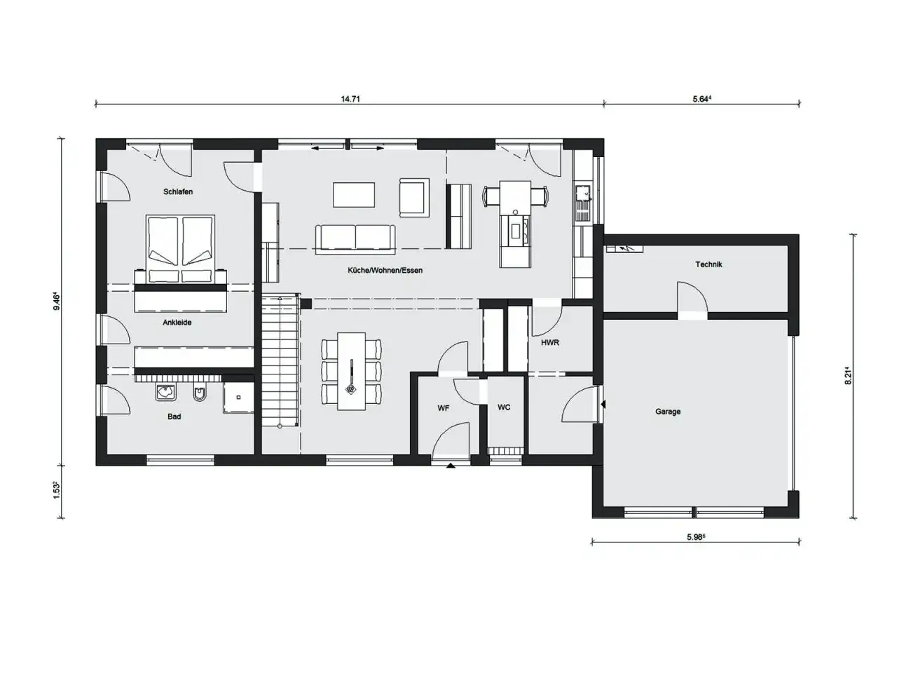 Grundriss einer Stadtvilla mit Schlafzimmer, Ankleide, Bad, Küche/Wohnen/Essen, Technik und Garage.