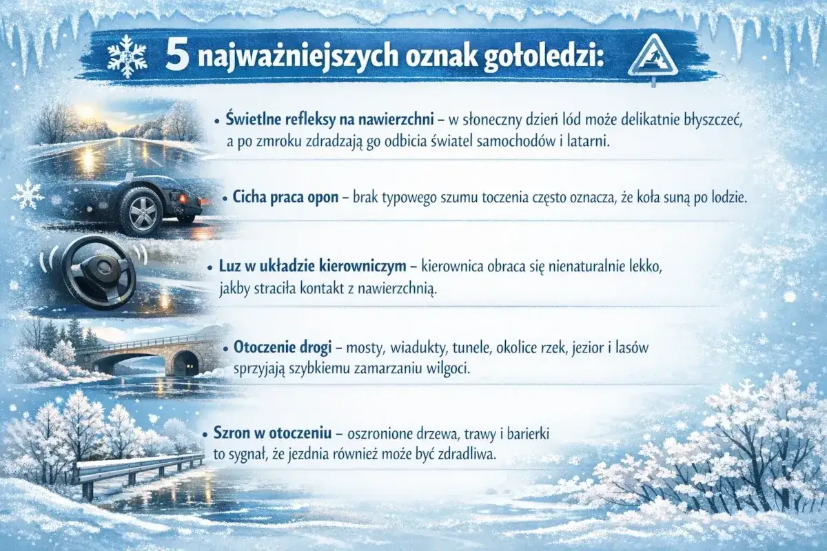 Oznaki gołoledzi: lśniąca nawierzchnia, ciche opony, lekka kierownica, wilgotne otoczenie, szron. Uważaj na drogach!