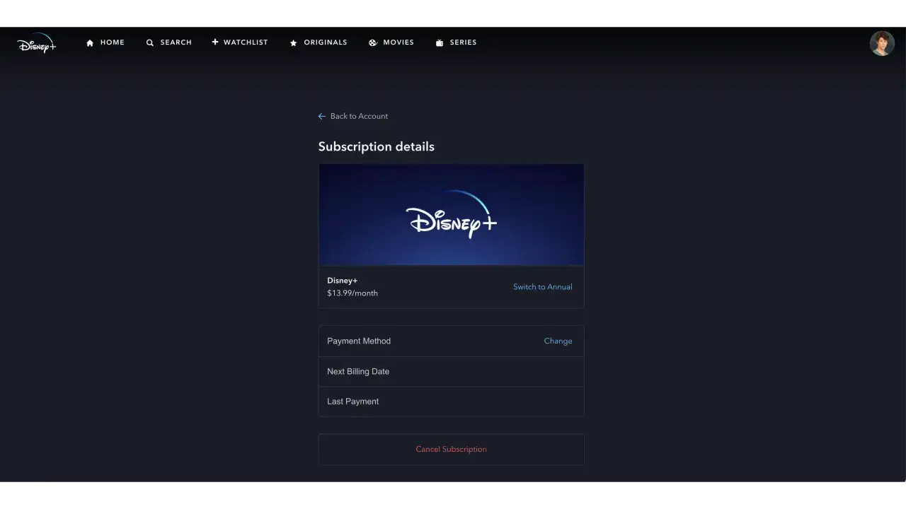 Szczegóły subskrypcji Disney+. Widzisz opcję