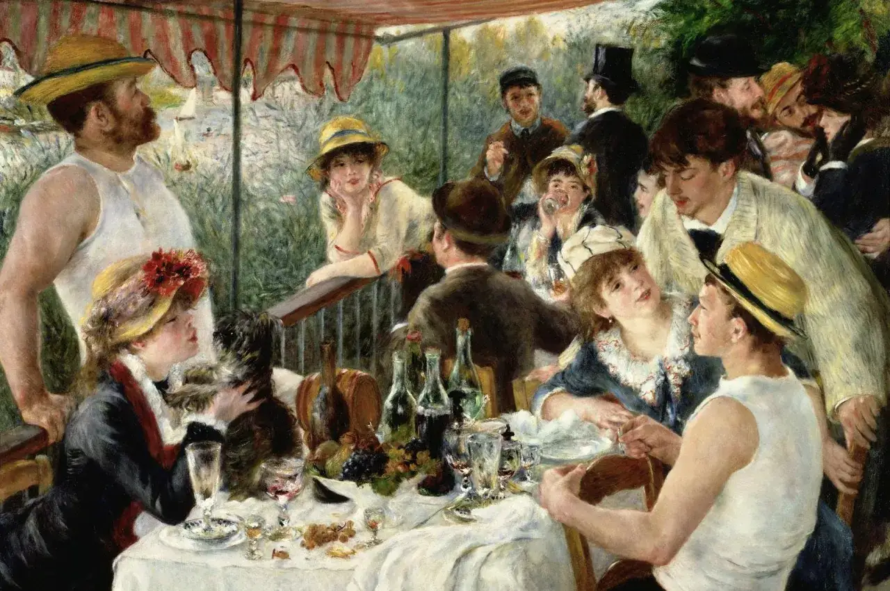 Un joyeux repas français sur une terrasse ensoleillée, avec des amis, des chiens et des bouteilles de vin.