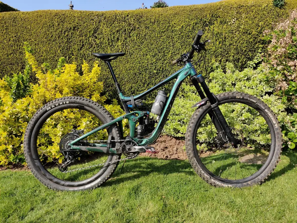 A green 2020 Giant Reign mountain bike rests on a grassy lawn, ready for adventure.