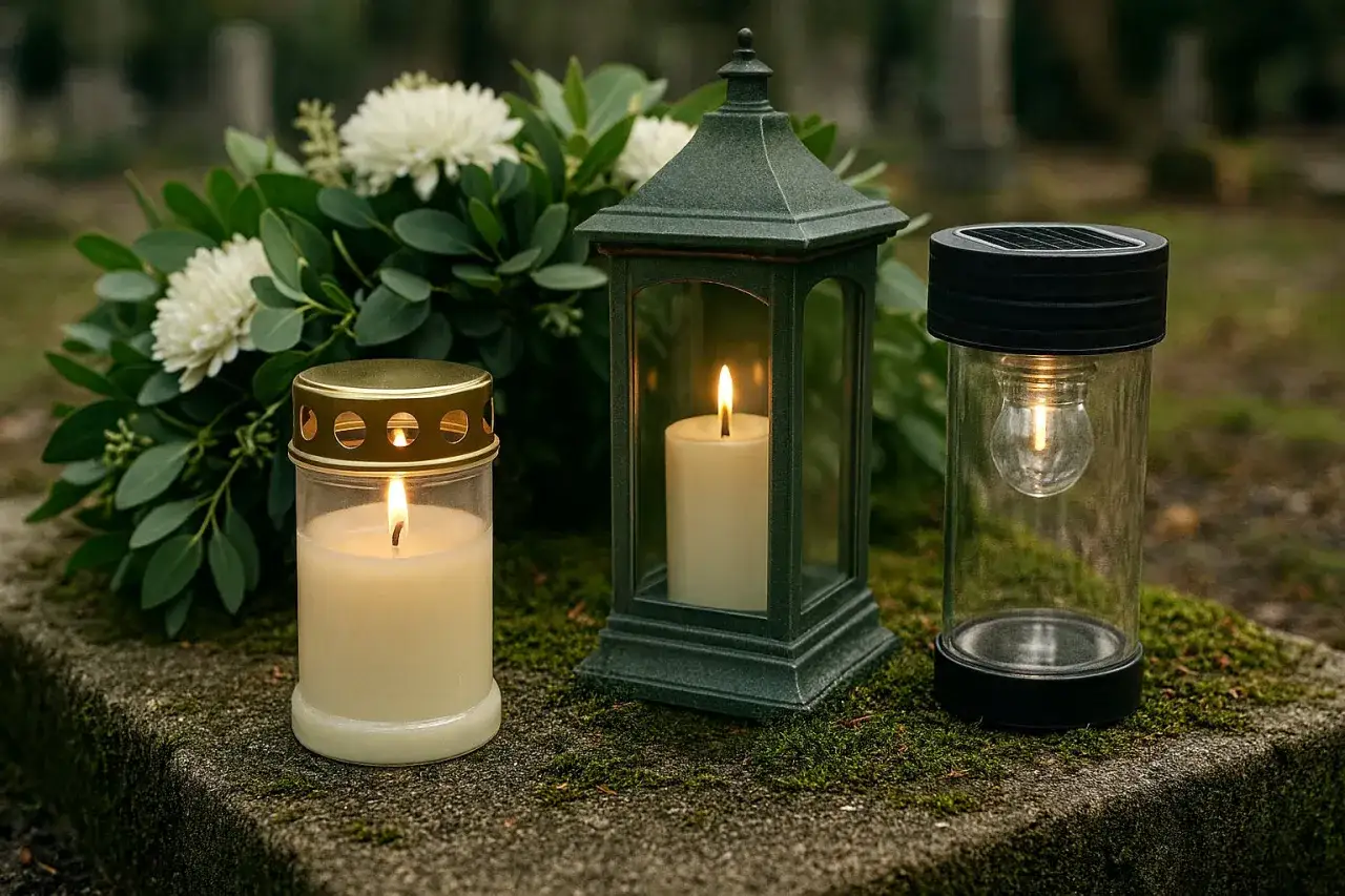 Trzy znicze: tradycyjny, lampion i solarny. Wieniec z białych kwiatów. Jak zrobić znicz? To proste, wystarczy świeca i ozdobna obudowa.
