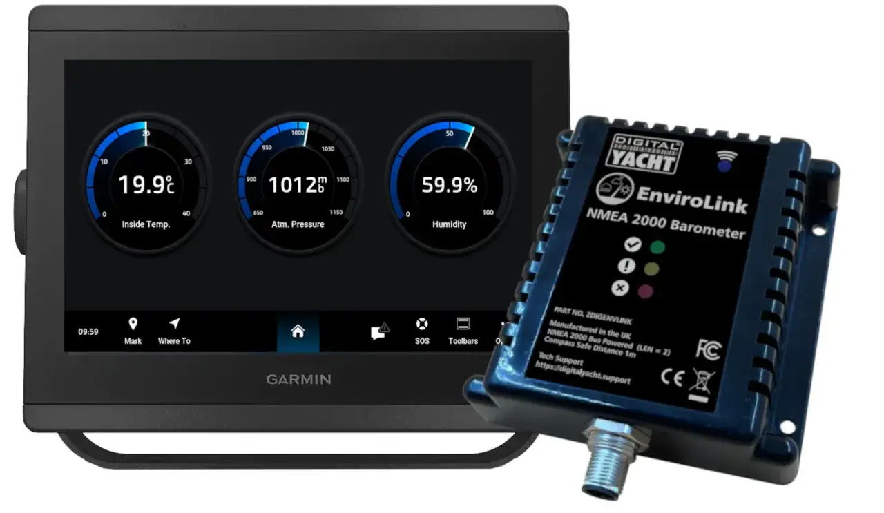Cyfrowy barometr EnviroLink na ekranie Garmin pokazuje ciśnienie atmosferyczne, temperaturę i wilgotność.