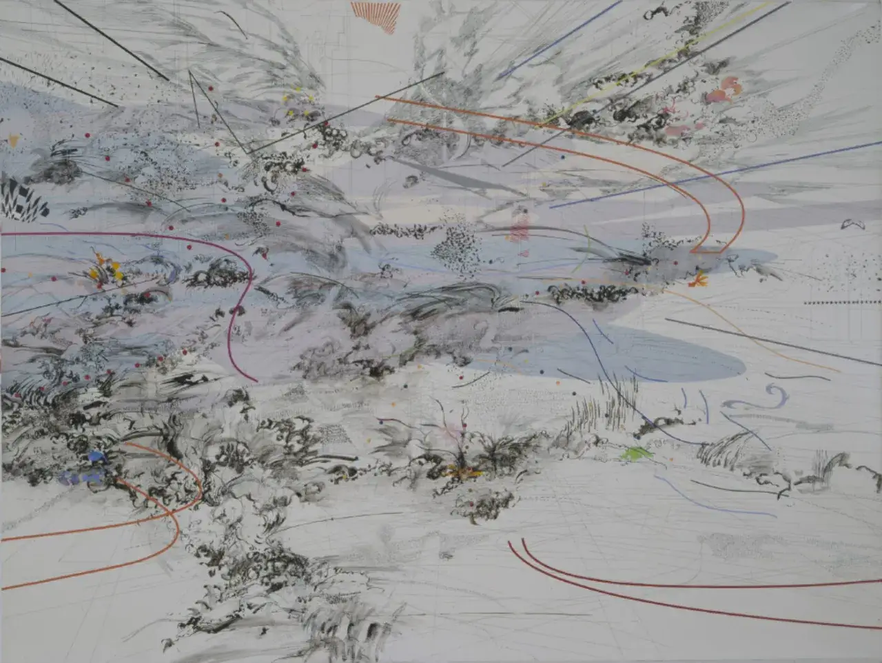 A dynamic Julie Mehretu portrait, a complex abstract landscape of swirling ink, lines, and dots, evoking a sense of energetic chaos and urban sprawl.