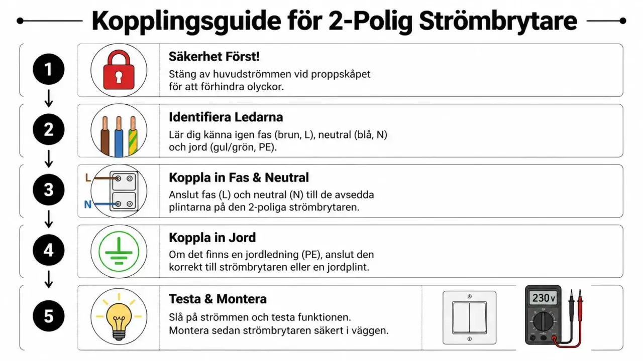 Steg-f&ouml;r-steg-guide f&ouml;r s&auml;ker s&auml;kerhetsbrytare inkoppling. Inkluderar s&auml;kerhet, identifiering av ledare, inkoppling av fas, neutral och jord, samt testning och montering.