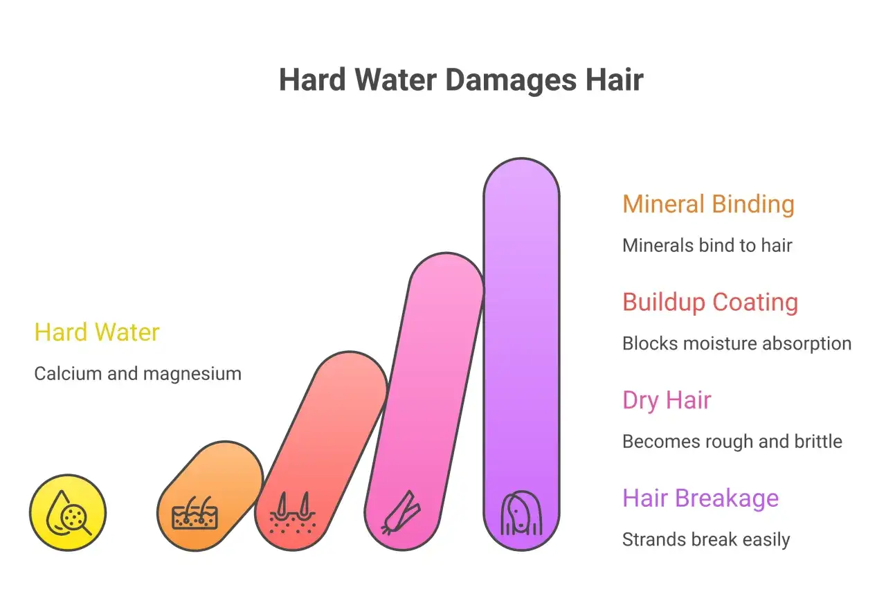 L'eau calcaire, riche en calcium et magnésium, cause des dépôts sur les cheveux, les rendant secs, cassants et favorisant leur chute.