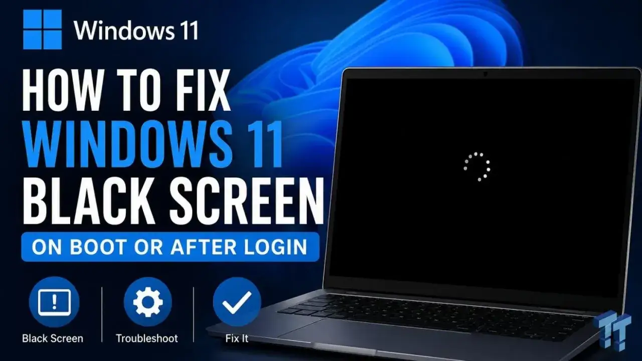 Solución para la pantalla negra de Windows 11. El portátil muestra una pantalla negra con un círculo de puntos cargando, indicando un problema.