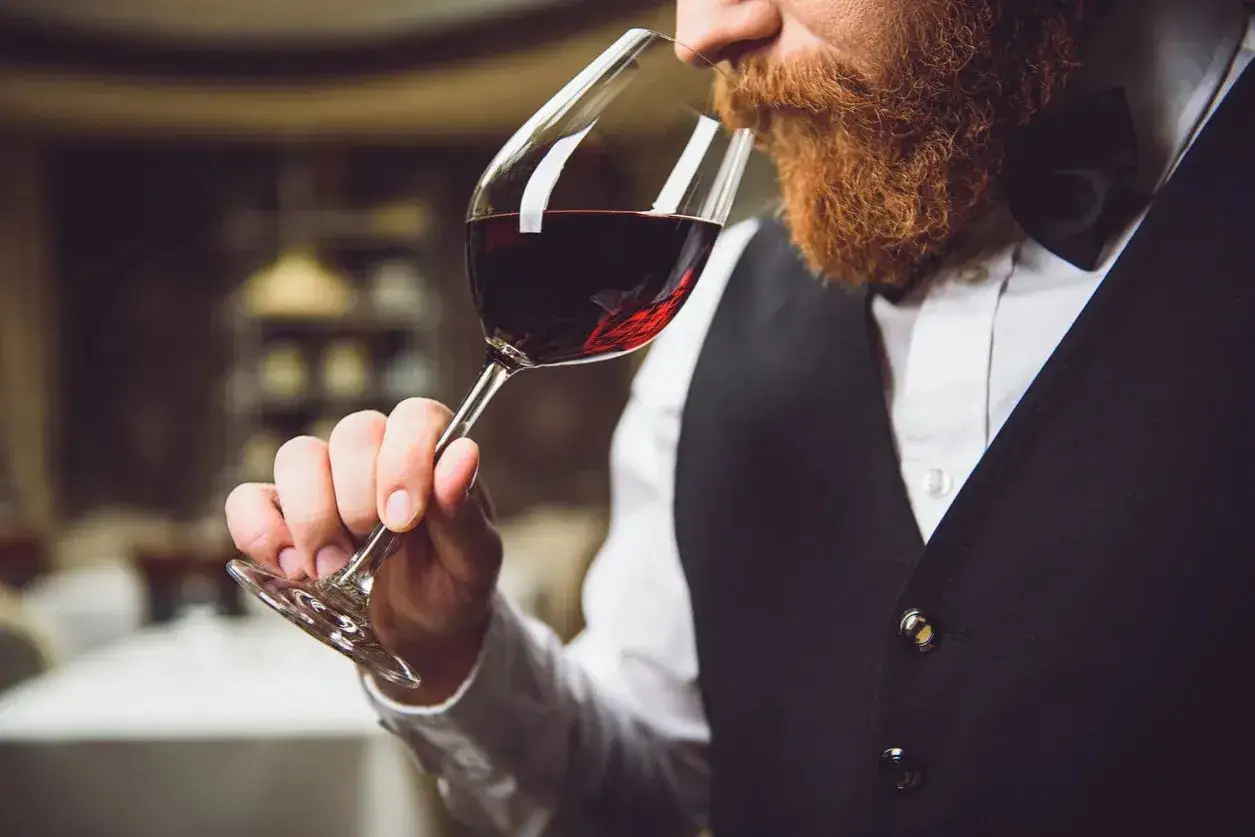 Ein Sommelier mit Bart und Weste riecht an einem Glas Rotwein. Seine Expertise zeigt die wahre sommelier bedeutung.