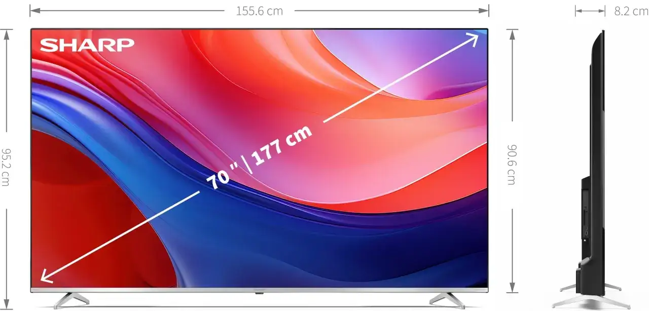 Telewizor 70 cali wymiary: 155,6 cm szerokości, 95,2 cm wysokości, 8,2 cm grubości. Idealny do salonu.