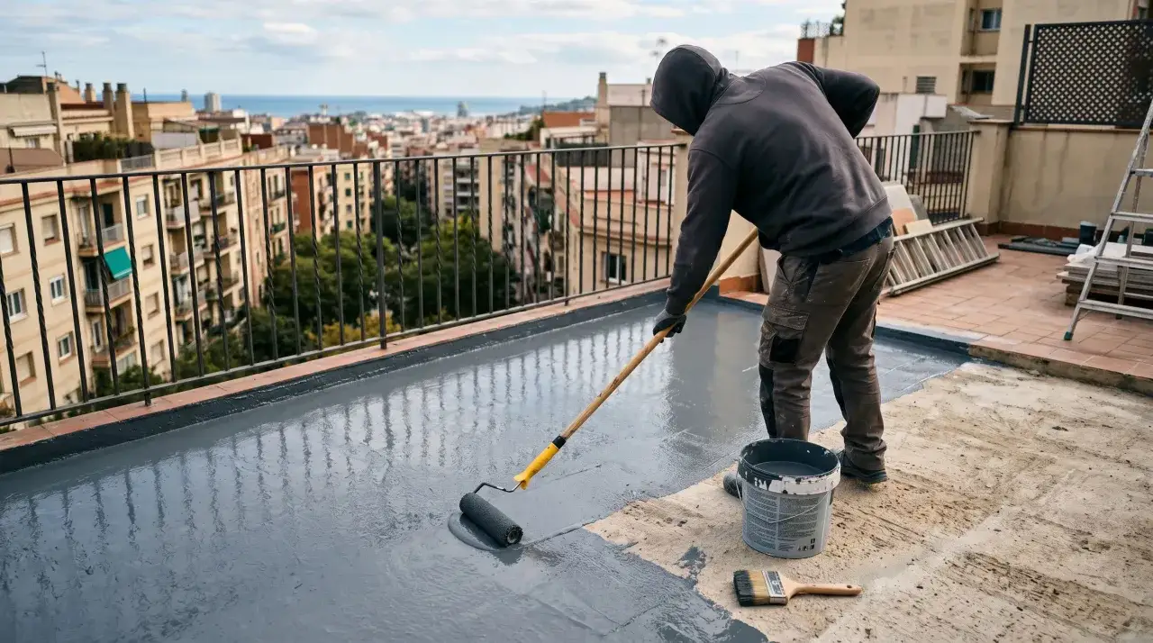 Hombre aplica capa gris a terraza. El poliuretano es impermeable, protegiendo la ciudad y el mar.