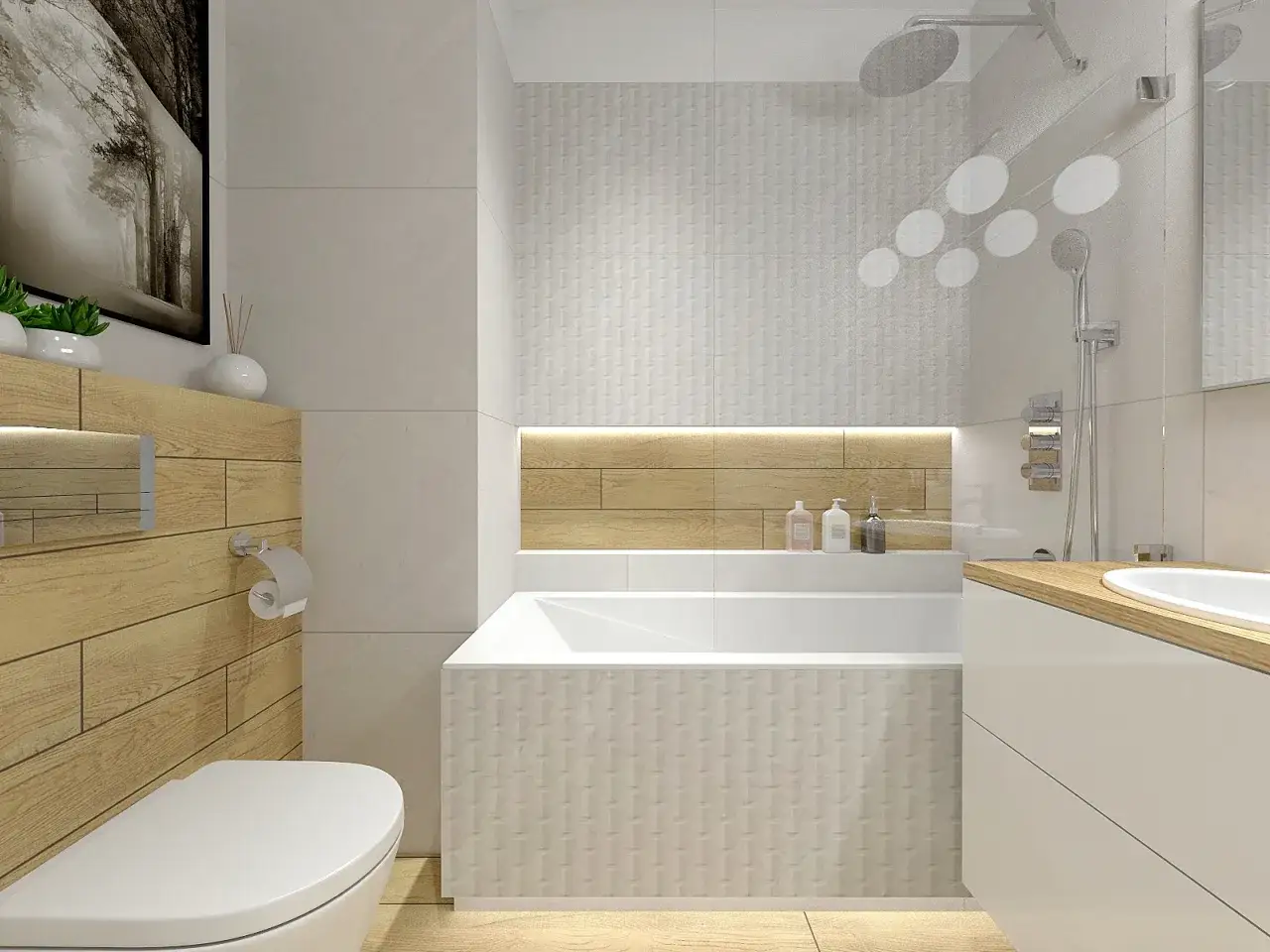 Nowoczesna łazienka z wanną i toaletą. Wzory układania płytek 60x60 tworzą elegancką mozaikę na ścianach i obudowie wanny.