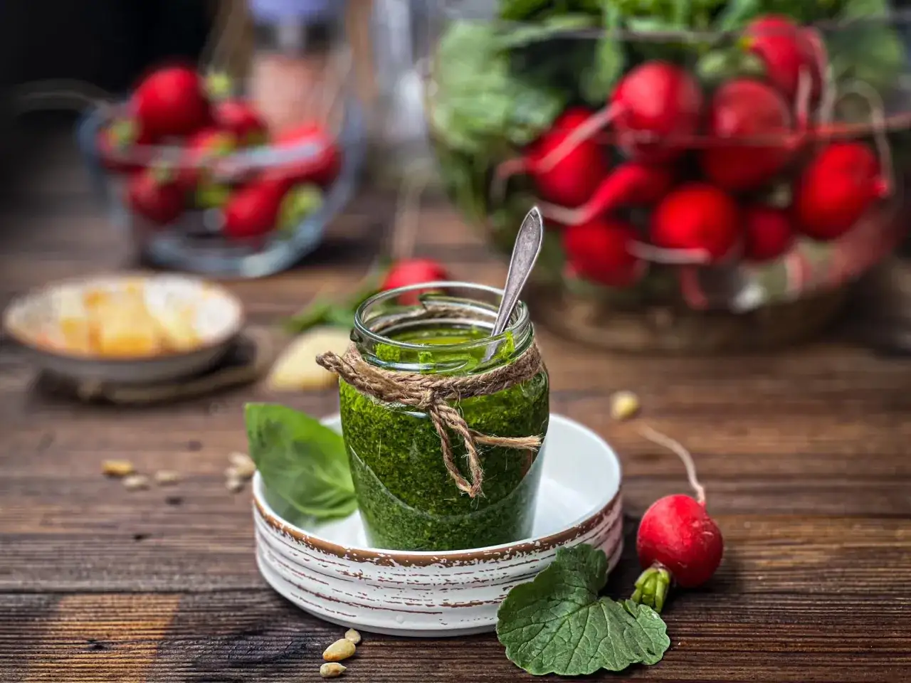 Słoik z zielonym pesto z liści rzodkiewki, ozdobiony sznurkiem. Obok leżą świeże rzodkiewki i liście bazylii.