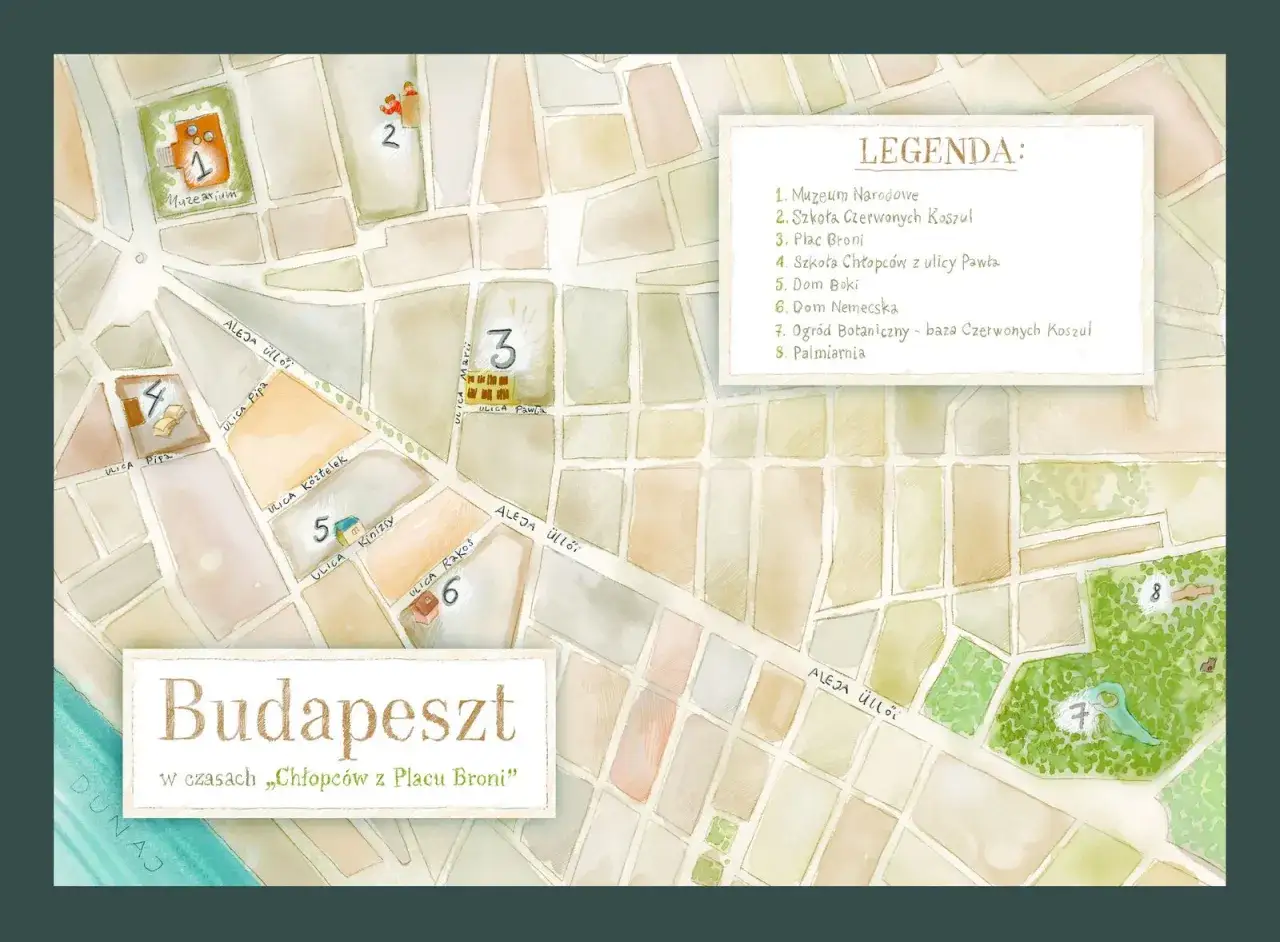 Mapa Budapesztu z zaznaczonym Placem Broni, miejscem akcji 