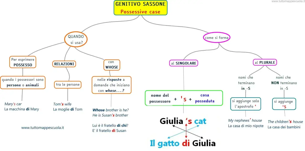 Schema sul genitivo sassone in inglese: quando si usa (possesso, relazioni, con whose) e come si forma (singolare, plurale).
