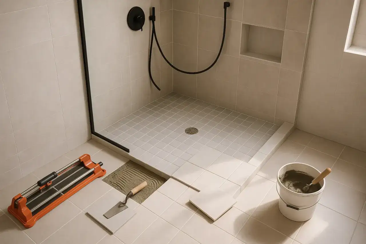 Pose de carrelage dans une douche, avec un coupe-carreaux, une truelle et un seau de mortier. Le ressaut douche est en cours de finition.