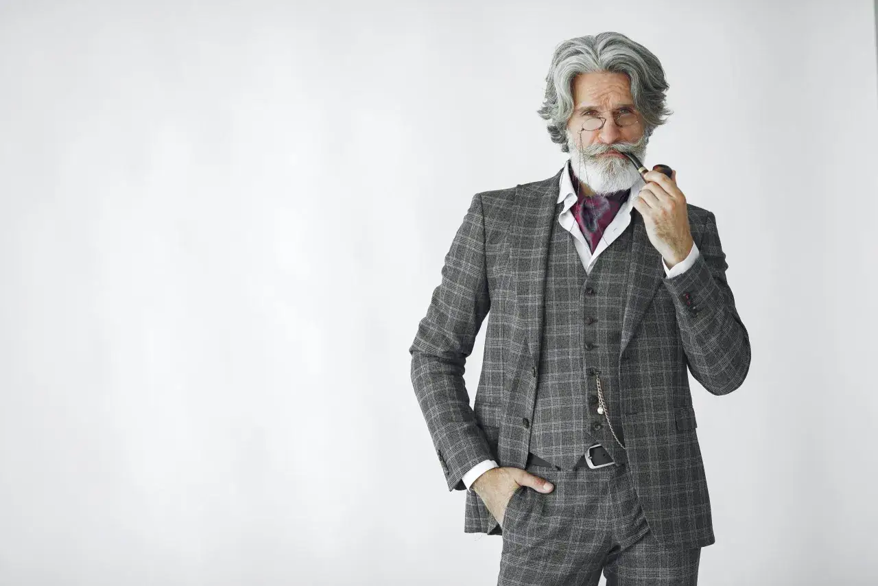 The father of the bride wears a distinguished grey plaid suit, vest, and ascot, holding a pipe.