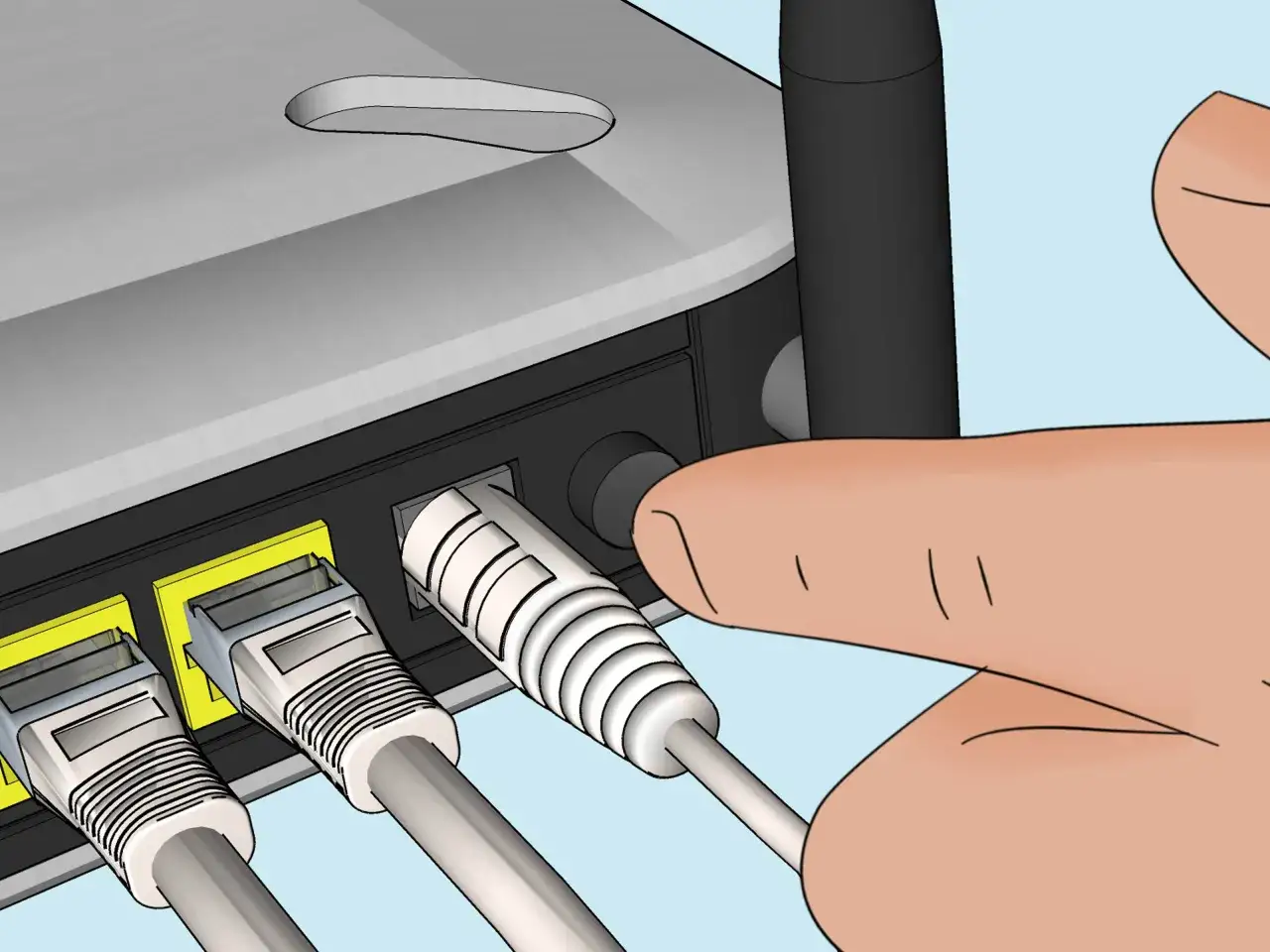 Ein Finger steckt ein Ethernet-Kabel in einen Router. So verbindest du deinen Fernseher mit dem Router ohne Kabel.