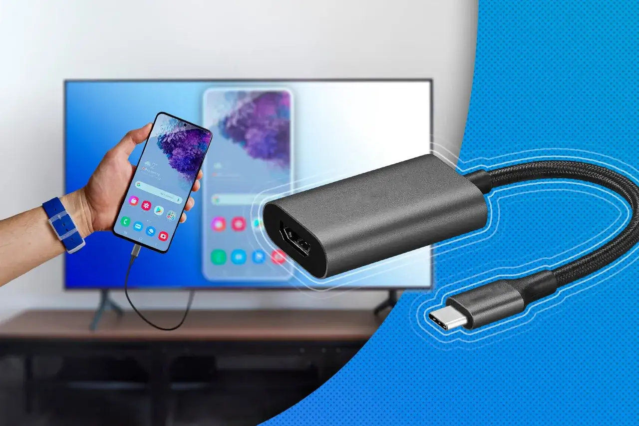 Handy mit Fernseher verbinden: Ein Adapterkabel zeigt, wie einfach es ist, Inhalte vom Smartphone auf dem gro&szlig;en Bildschirm zu genie&szlig;en.