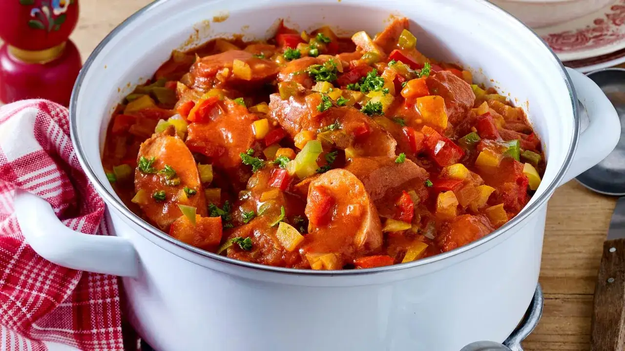 Herzhaftes Wurstgulasch mit Paprika und Zwiebeln, garniert mit Petersilie. Ein tolles Rezept für kalte Tage!