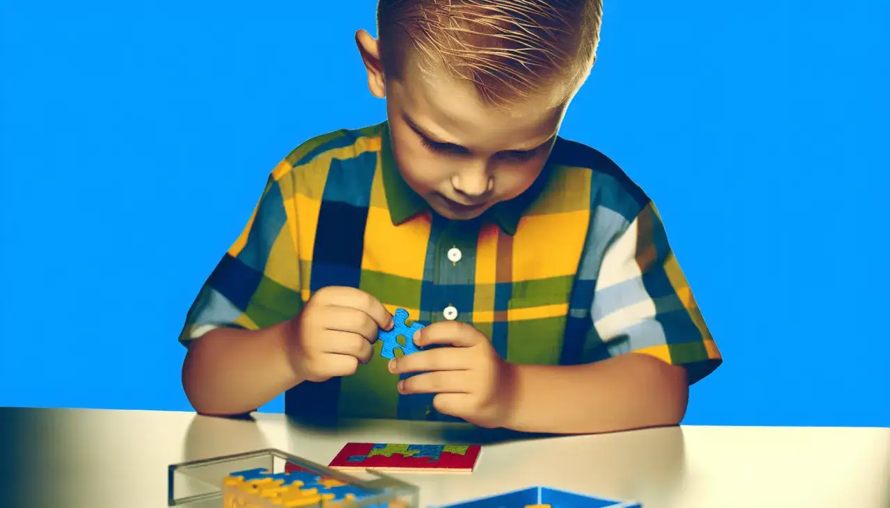 Chłopiec z uwagą układa niebieską kostkę puzzli. To przykład myślenia krytycznego co to, czyli analizy i rozwiązywania problemów.