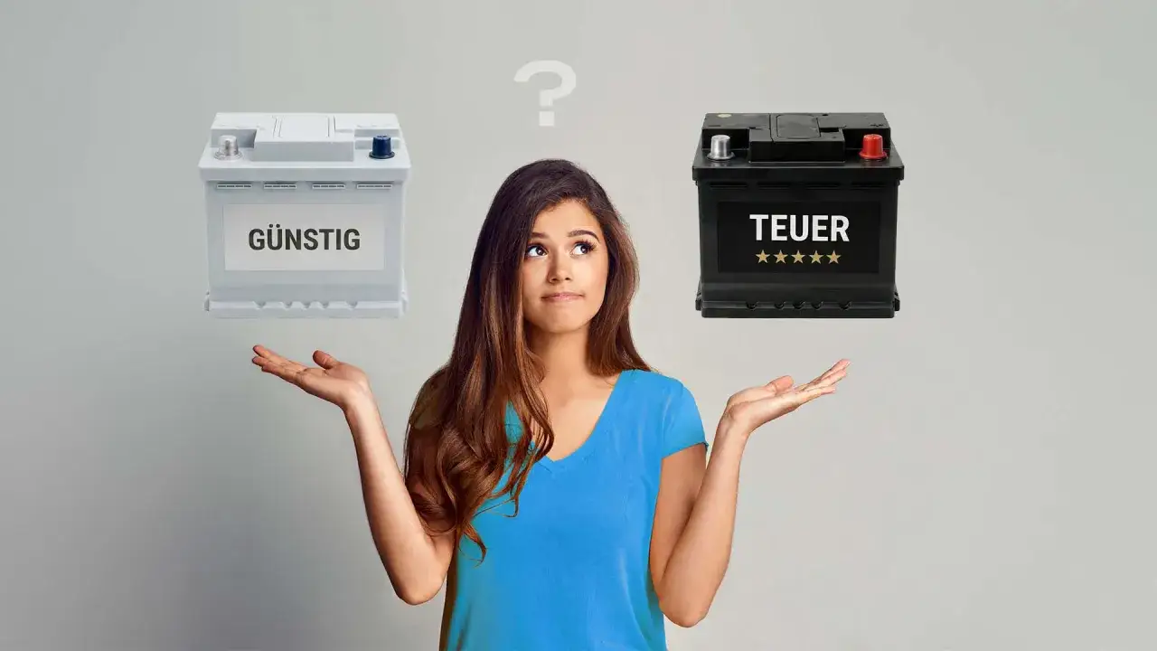Frau überlegt, was kostet eine autobatterie? Links eine günstige, rechts eine teure Batterie.