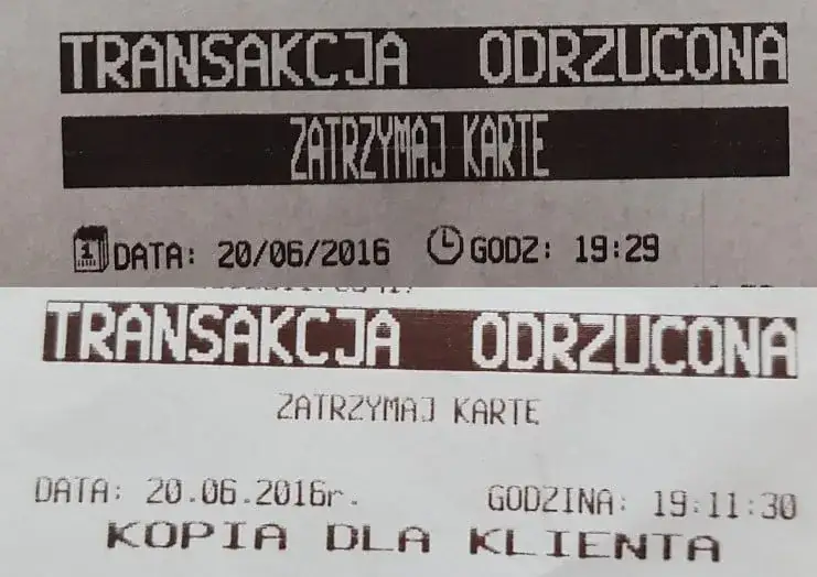 karta płatnicza odrzucona