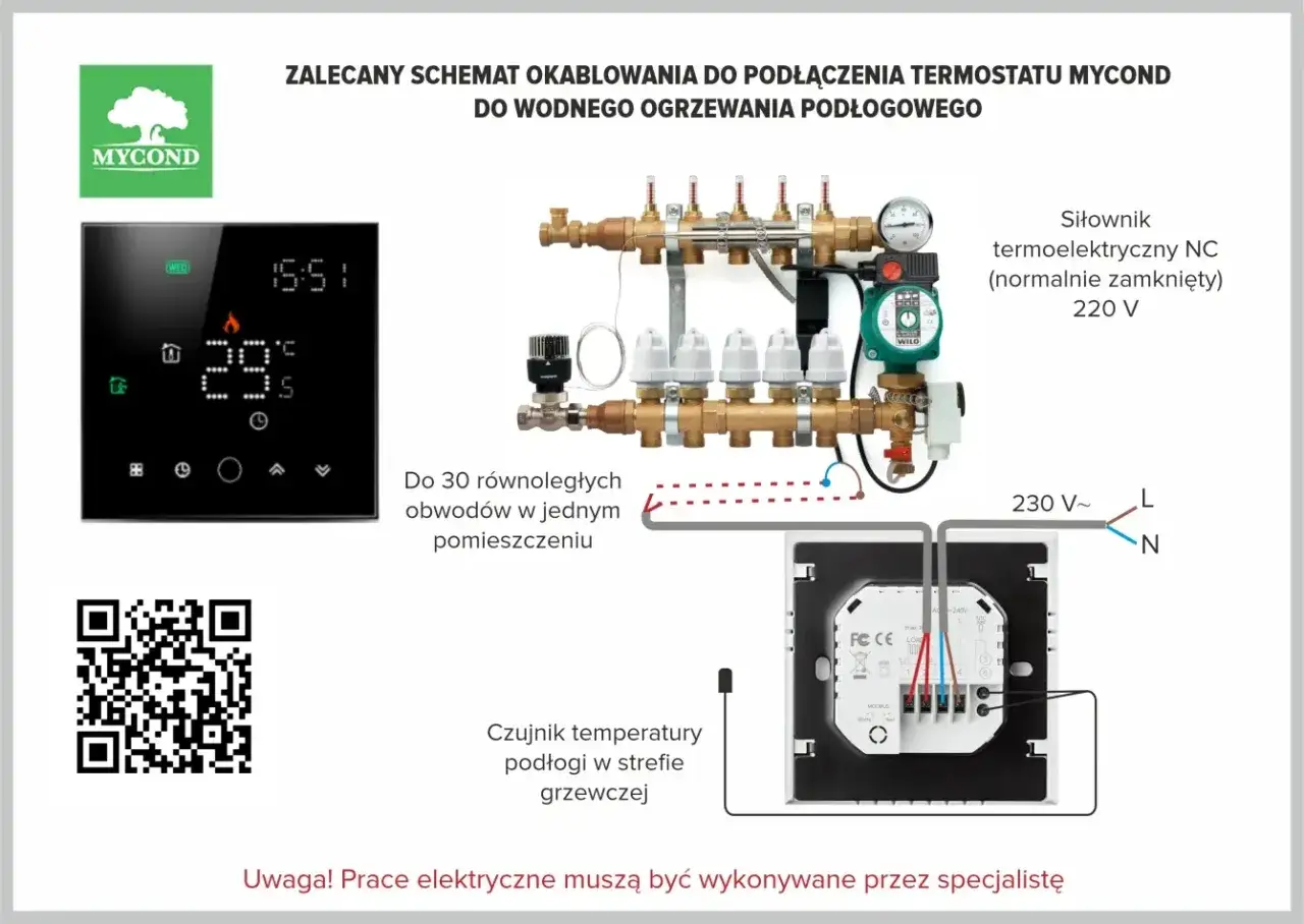 Schemat podłączenia termostatu Mycond do ogrzewania podłogowego. Pokazuje, jak zamontować czujnik temperatury podłogi w strefie grzewczej.