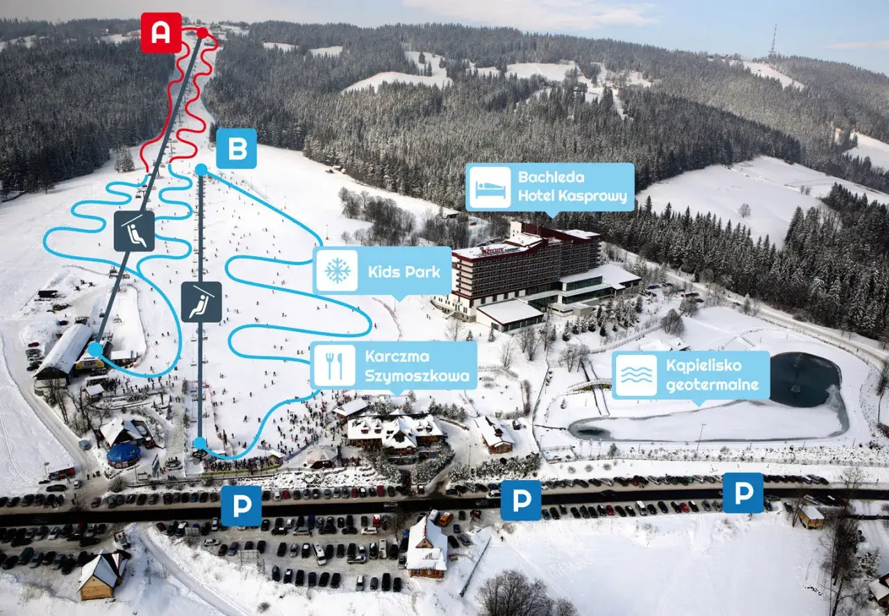 Mapa stoki narciarskie Zakopane dla początkujących: wyciągi, Kids Park, karczma, hotel i baseny termalne.