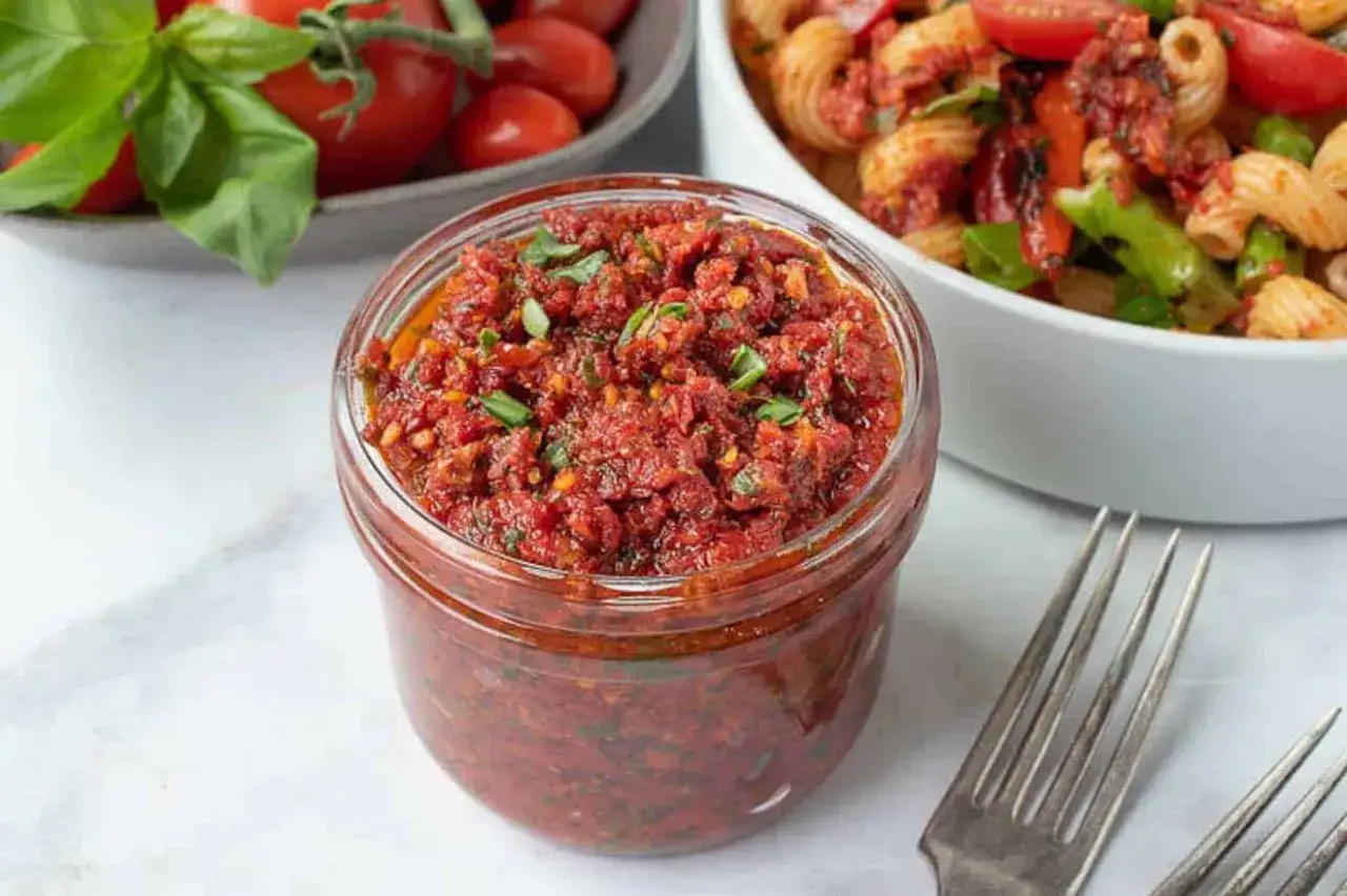 Vaso di pesto di pomodori secchi pugliese, pronto per condire la pasta.