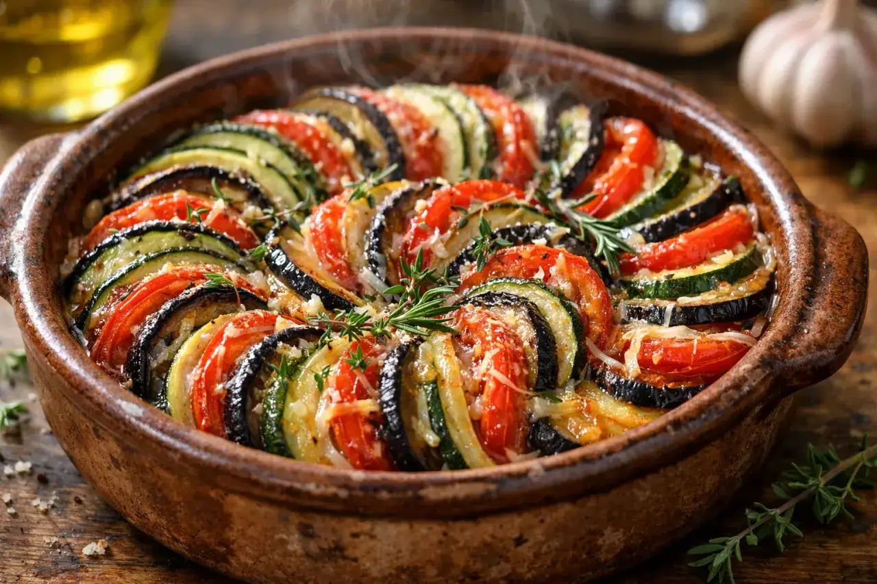Un d&eacute;licieux tian de l&eacute;gumes, aux rondelles de courgettes, aubergines et tomates, gratin&eacute; et garni de romarin frais.