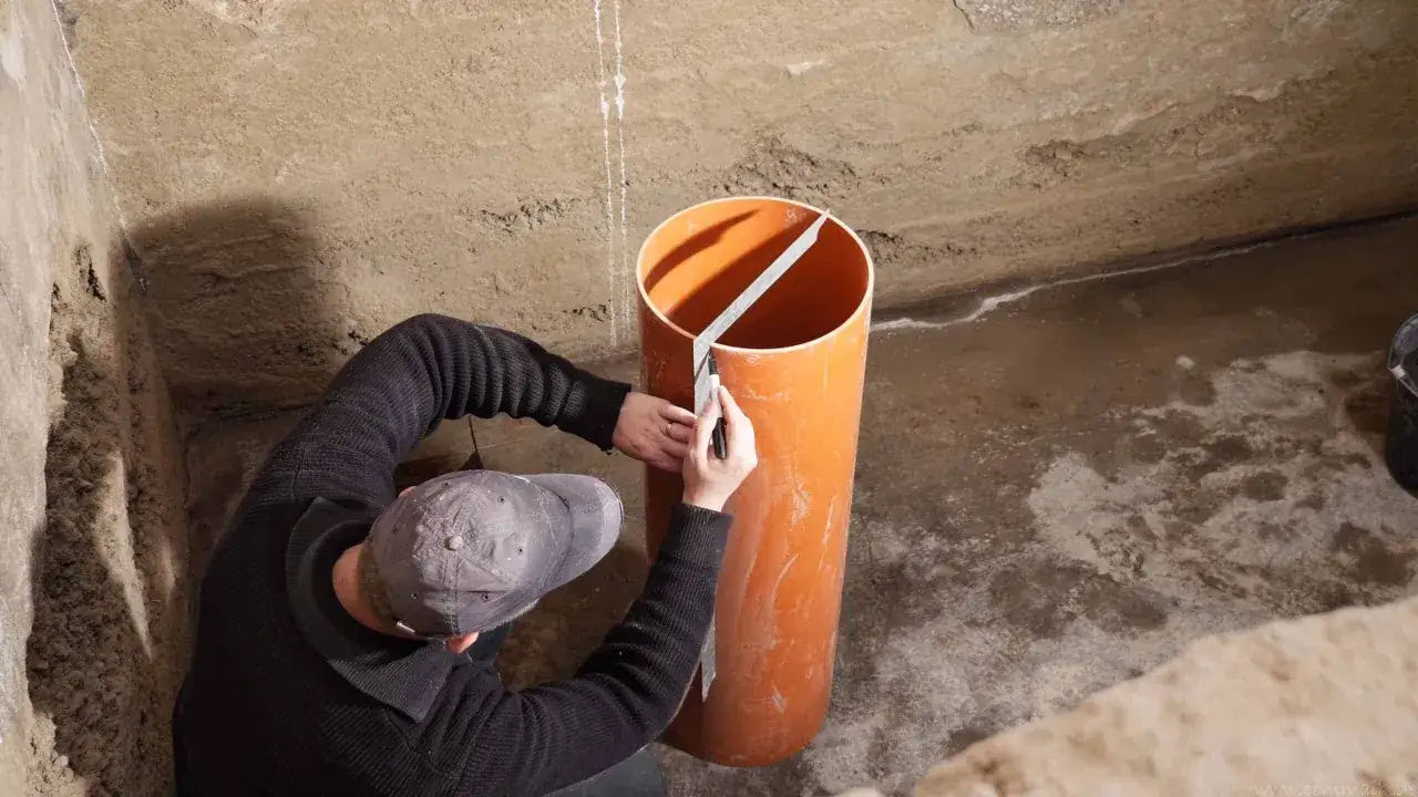 Mann markiert Rohr f&uuml;r Pumpensumpf im Keller, um Grundwasser abzuleiten.