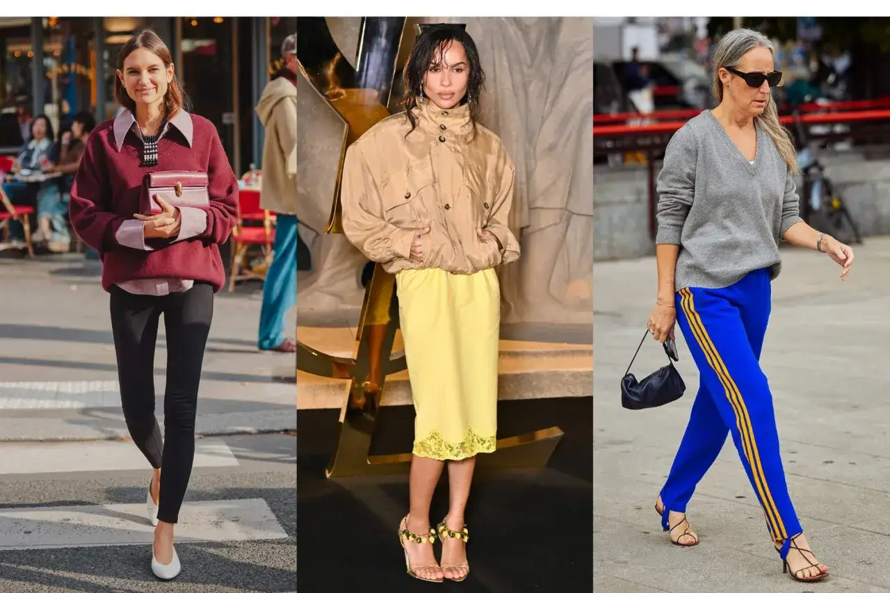 Trois femmes adoptent le style athleisure : leggings et pull bordeaux, veste beige et jupe jaune, ou pantalon de surv&ecirc;tement bleu et pull gris.