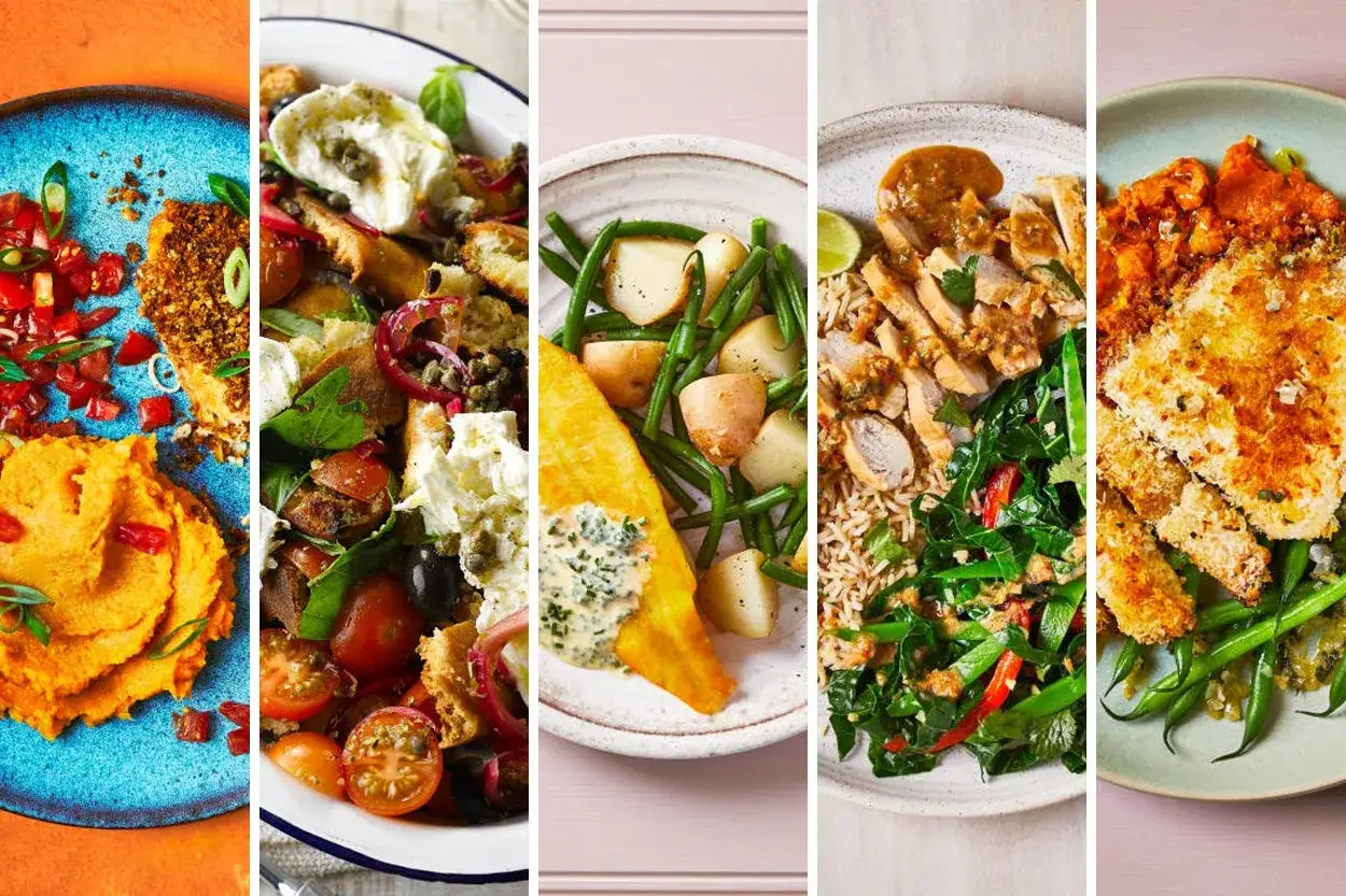 Cinco platos coloridos, ideales para comidas bajas en calorías: puré de camote, ensalada caprese, pescado con papas, pollo con arroz y verduras, y pechuga empanizada.
