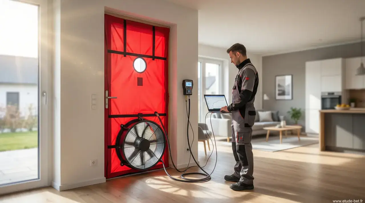 Un technicien vérifie l'isolation d'une maison avec un test d'infiltrométrie RE2020. Un ventilateur est installé dans une porte rouge pour mesurer les fuites d'air.