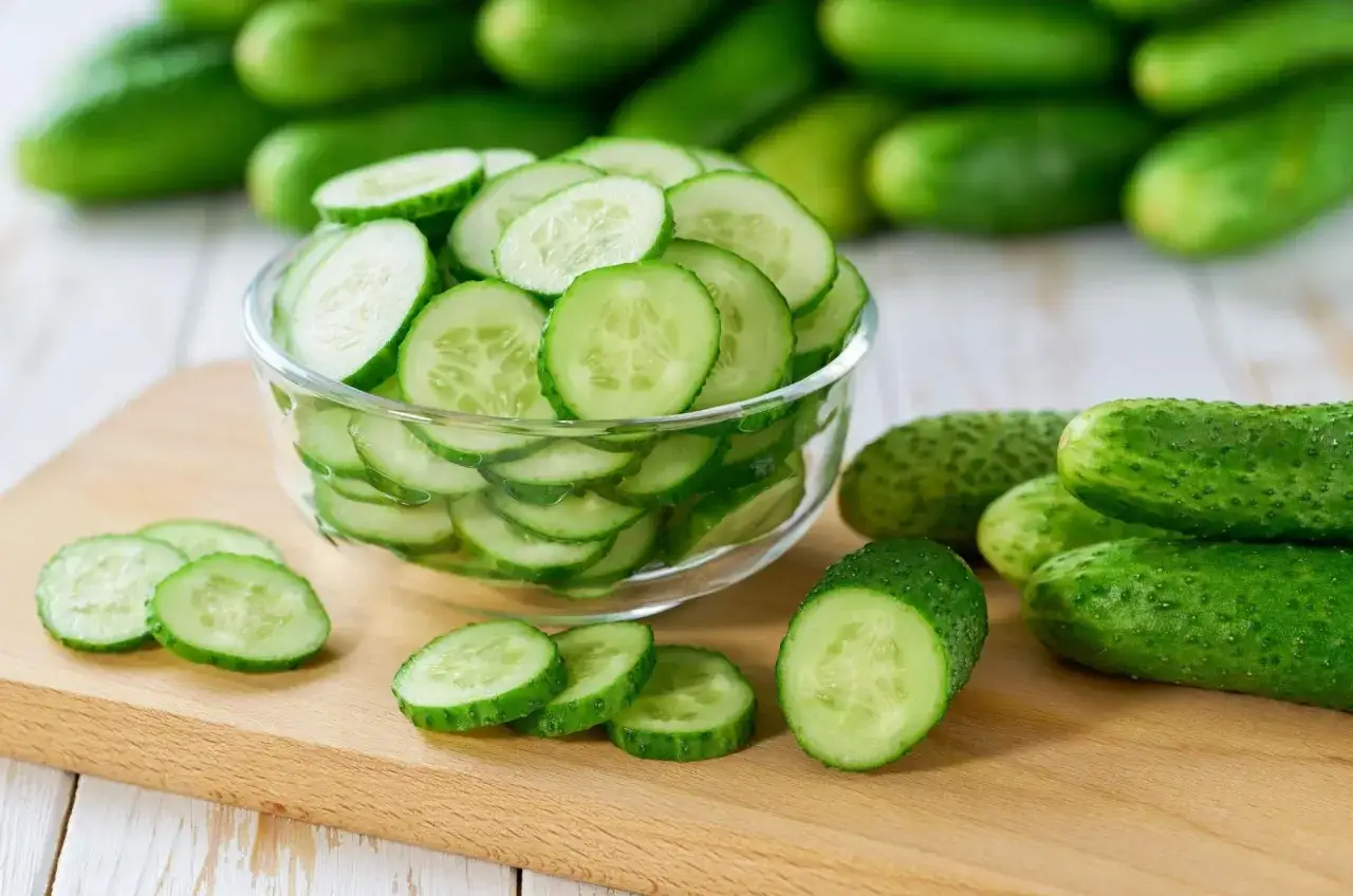 Pepinos frescos, rebanados y enteros, listos para disfrutar. Son excelentes alimentos diur&eacute;ticos, perfectos para una dieta saludable.