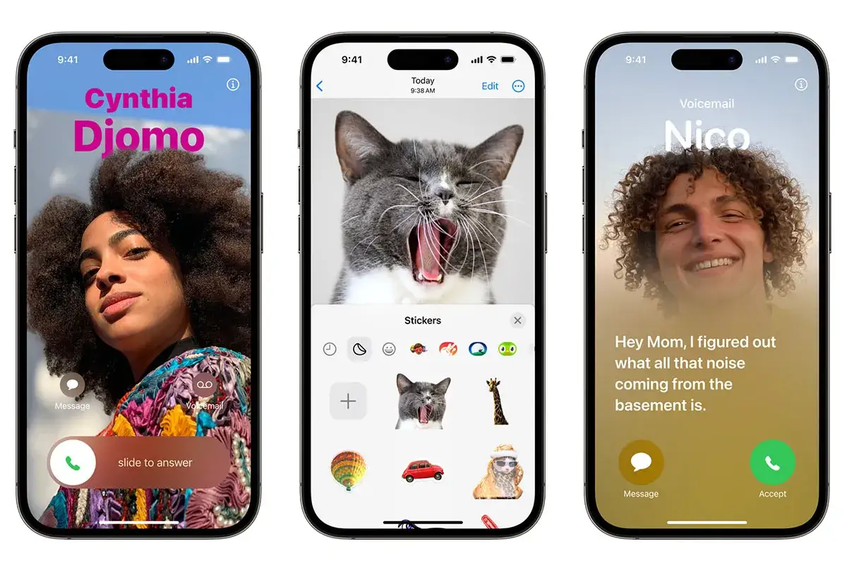 Nowe funkcje w iOS 17: personalizowane plakaty kontaktów, naklejki z kotem i transkrypcja poczty głosowej.