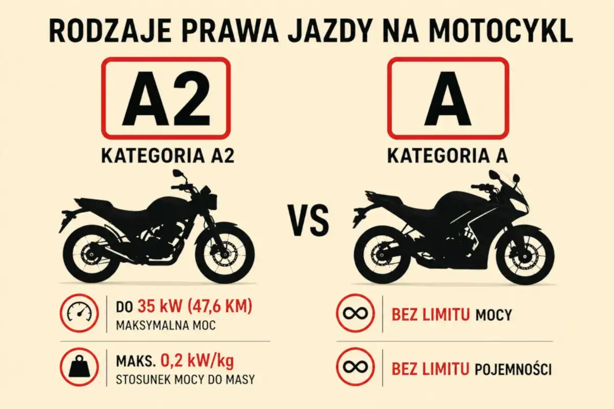 Porównanie kategorii A2 i A prawa jazdy na motocykl. Kategoria A2 to ograniczenie mocy do 35 kW, a A to bez limitu.