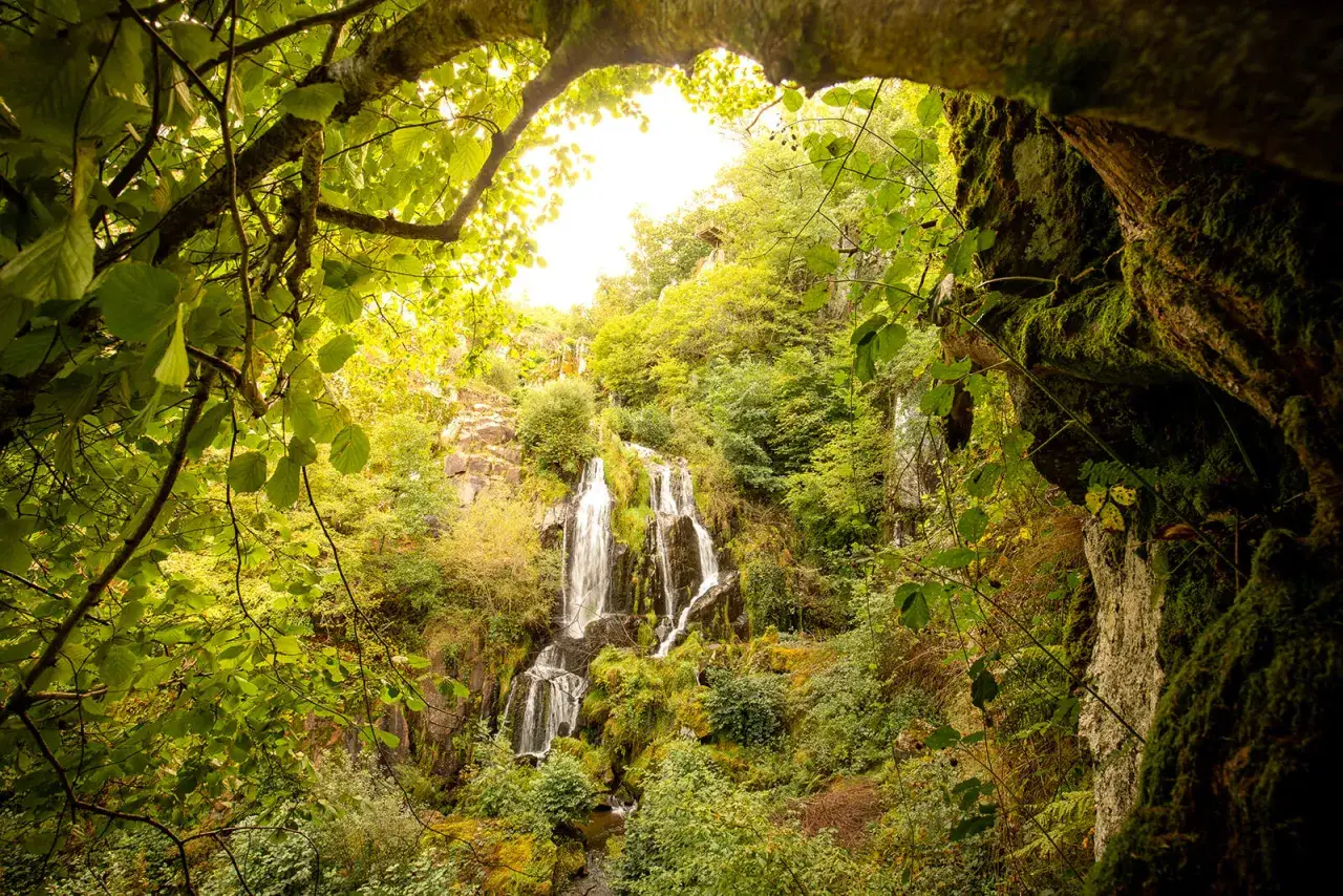 Cascade luxuriante, un trésor caché lors d'une randonnée en Aubrac. La nature y est reine.