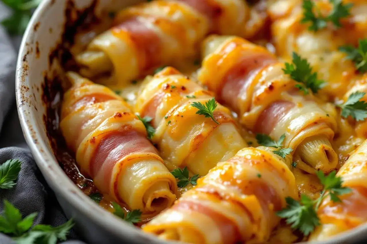 Endives au jambon sans béchamel gratinées, enroulées de lard et garnies de fromage fondant, parsemées de persil frais. Un délice !