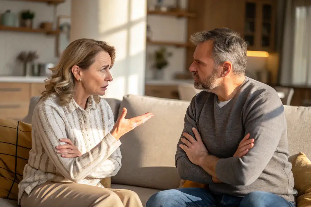 Een vrouw praat gefrustreerd tegen haar partner, die met gekruiste armen luistert. Ze voelt zich leeg in de relatie.