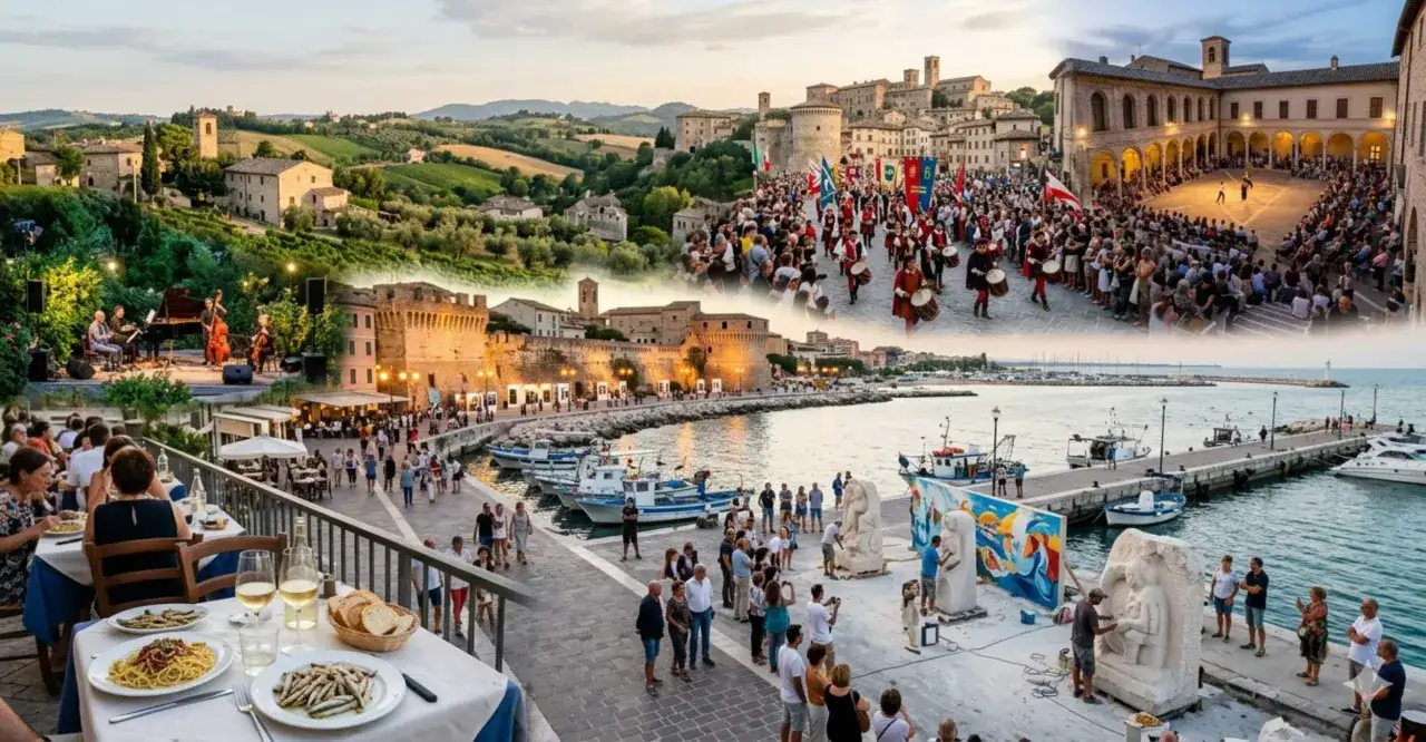 Collage di scene estive: concerti nelle Marche, una parata storica, artisti al lavoro e una cena vista mare.