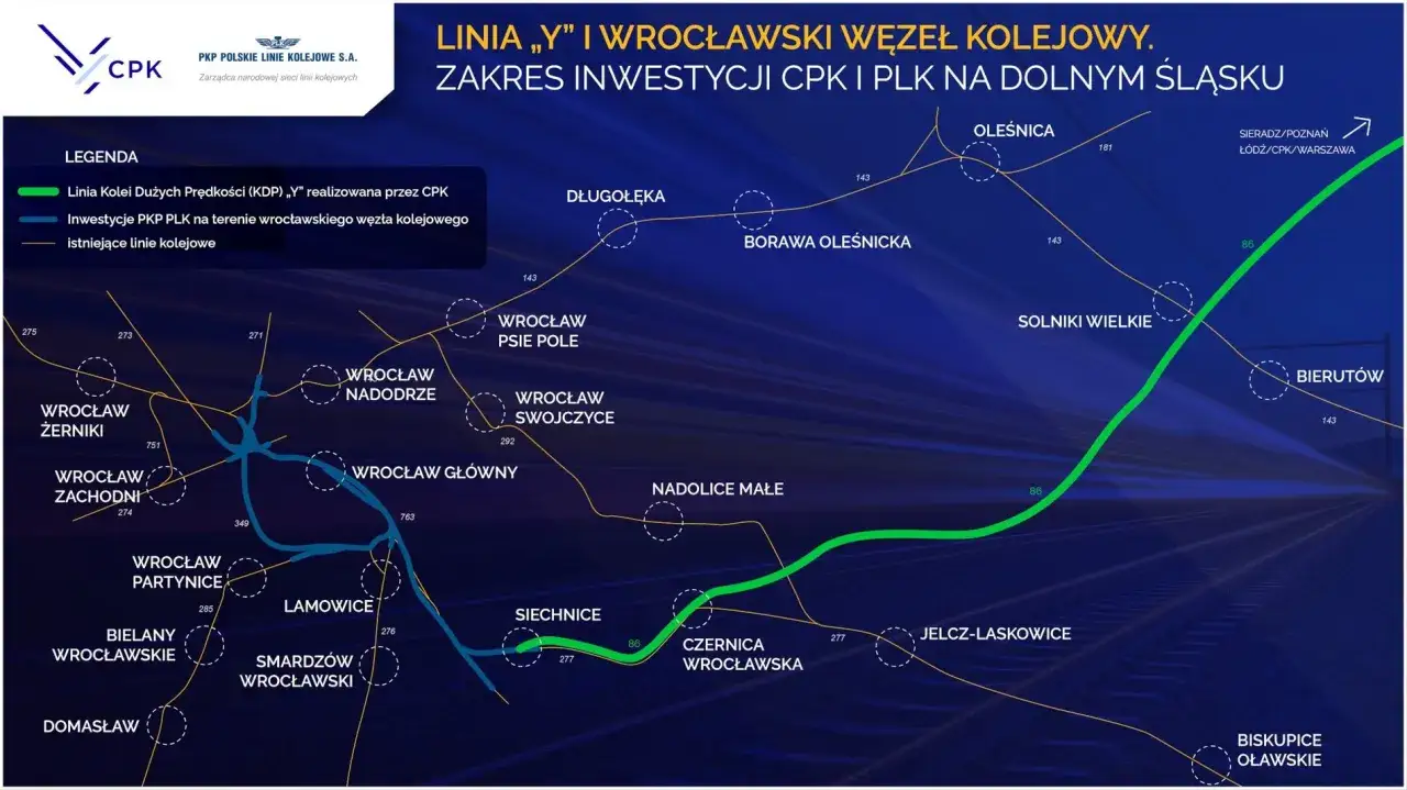 Mapa inwestycji CPK i PKP PLK dla linii 