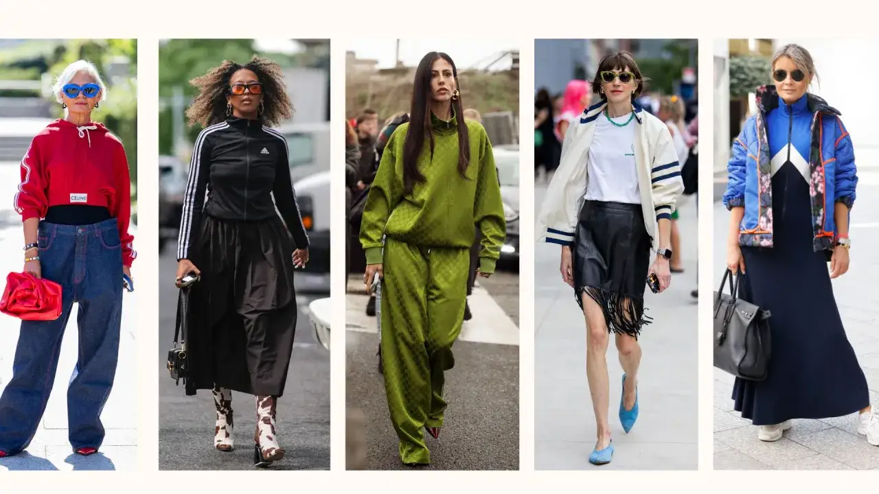 Kobiety w stylizacjach athleisure: czerwony crop top i jeansy, czarna bluza i spódnica, zielony dres, biała kurtka i skórzana spódniczka, niebieska kurtka i granatowa sukienka.