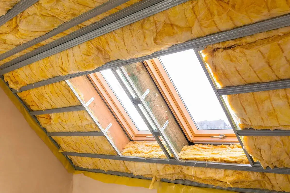 Isolation de toit en laine de verre jaune, sous structure m&eacute;tallique, avec fen&ecirc;tres de toit. Quel R pour une bonne isolation de toit ?