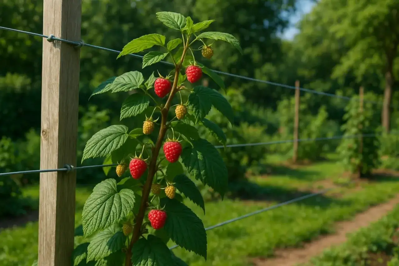Un framboisier remontant palissé sur un tuteur en bois, avec des fruits rouges et jaunes mûrs.