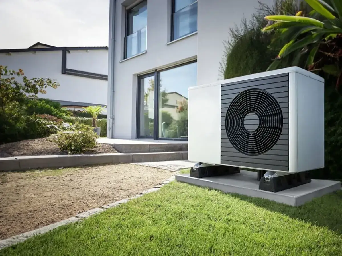 Unidad exterior de bomba de calor, parte esencial del sistema HVAC, instalada en el jardín de una casa moderna.